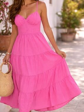 Princess Polly Hot Pink Tiered Midi Dress Adjustable Straps Flowy Summer Size 6